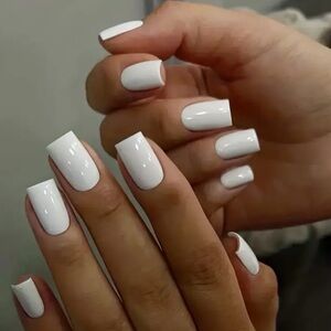 New white squared medium length press on nails